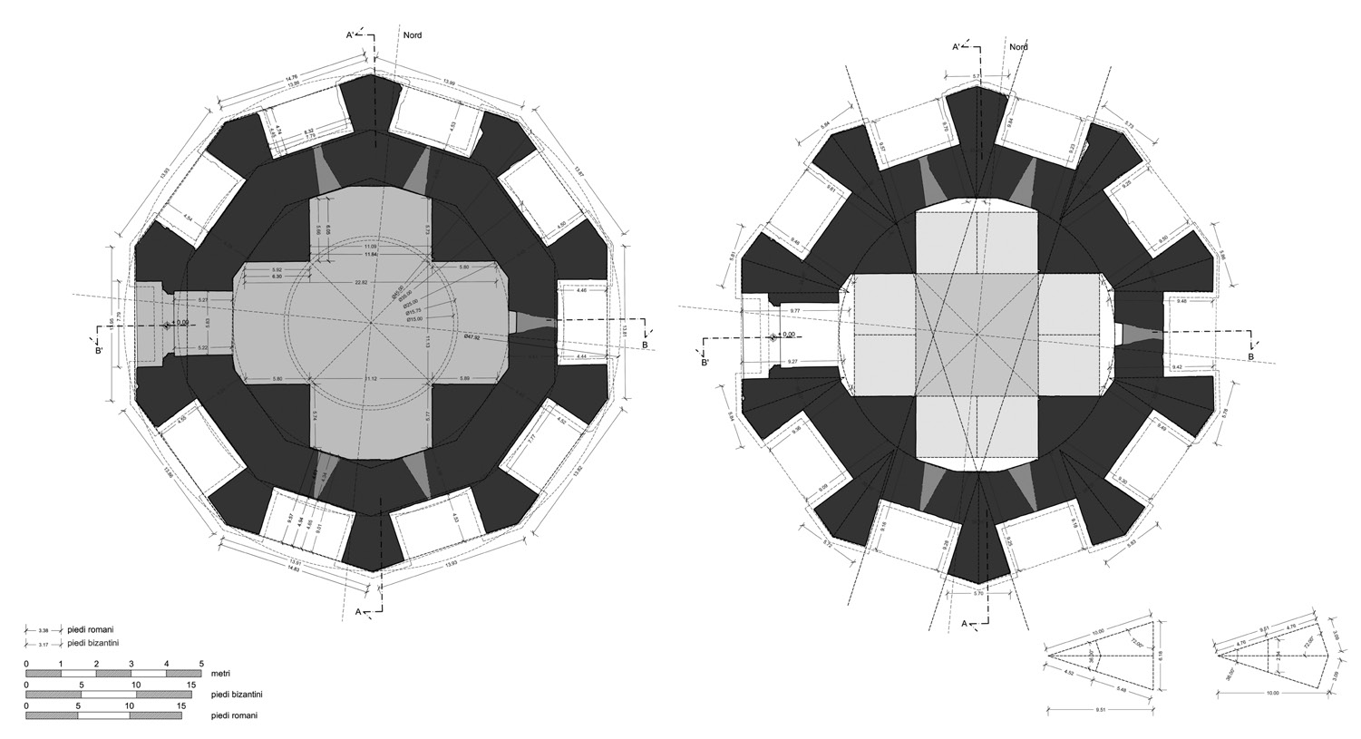 Fig. 3 – Mausoleo di Teodorico, pianta a quota + 1,20 m (a cura di G. Lavoratti). Nel Mausoleo di Teodorico si può ipotizzare che la struttura si basi sull’uso del decagono. Un’interessante qualità geometrica di questa figura è quella di essere scomponibile in 10 triangoli isosceli i cui angoli alla base misurano 72° e quello superiore la loro metà, cioè 36°. Proprio a questi triangoli isosceli possono essere ricondotti i 10 possenti pilastri esterni.