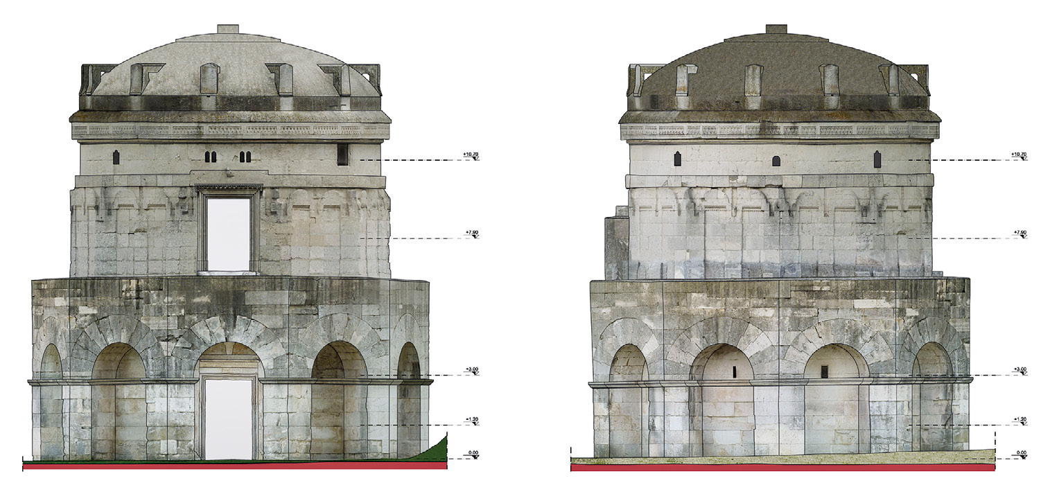 Fig. 4 – Mausoleo di Teodorico, restituzione materica dei prospetti O e N (G. Lavoratti).