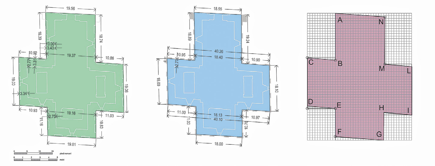 Fig. 6 – Mausoleo di Galla Placidia, lo schema di tracciamento della pianta basato su una griglia di 1 piede romano.