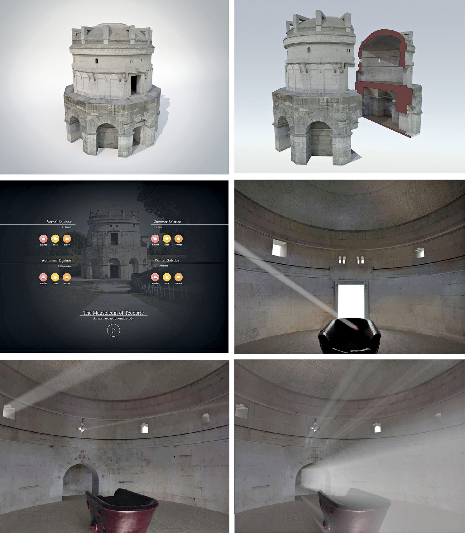 Fig. 8 – Mausoleo di Teodorico: modello e render dell’edificio con la simulazione della luce all’interno della cella superiore (S. Iurilli).