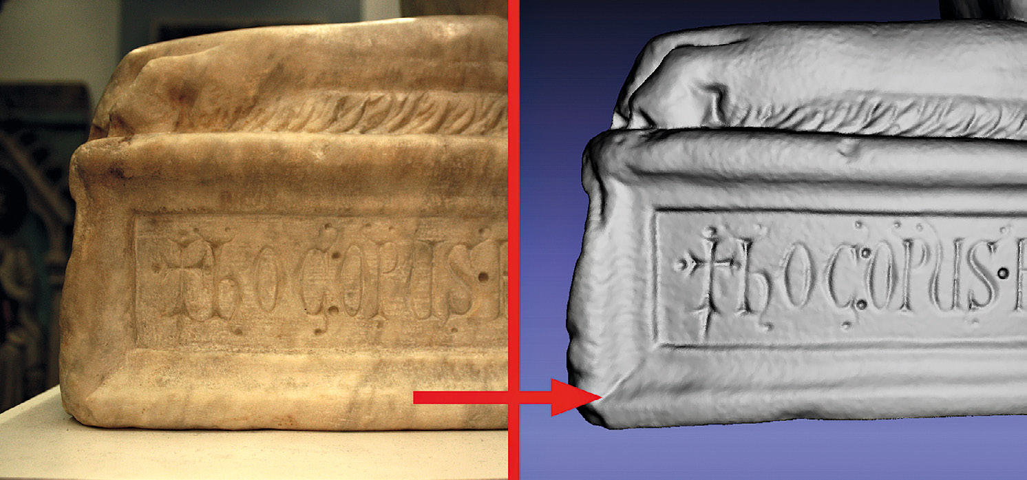 Fig. 4 – Detail showing part of the inscription on the front side and the related 3D geometry (mesh) created by scanning in Macro Mode.