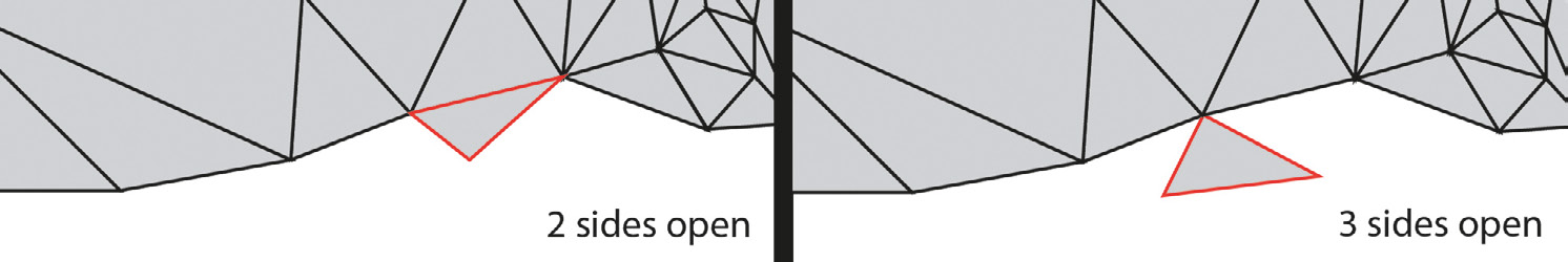 Fig. 5 – Part of the mesh during the non-manifold edges cleaning showing two types of non-adjoining edges.