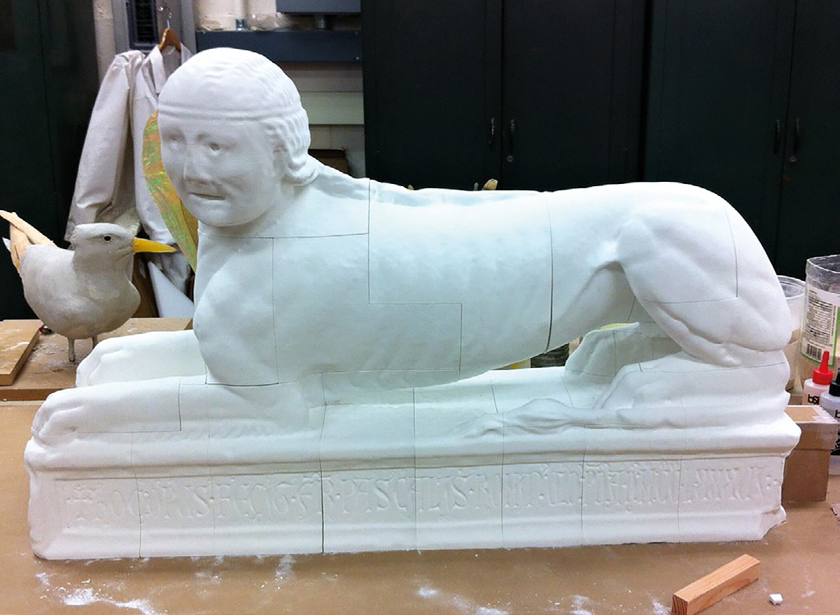 Fig. 6 – The twenty 3D printed areas of the Sphinx joined together during the assembling stage made by the Peabody artist Michael Anderson.