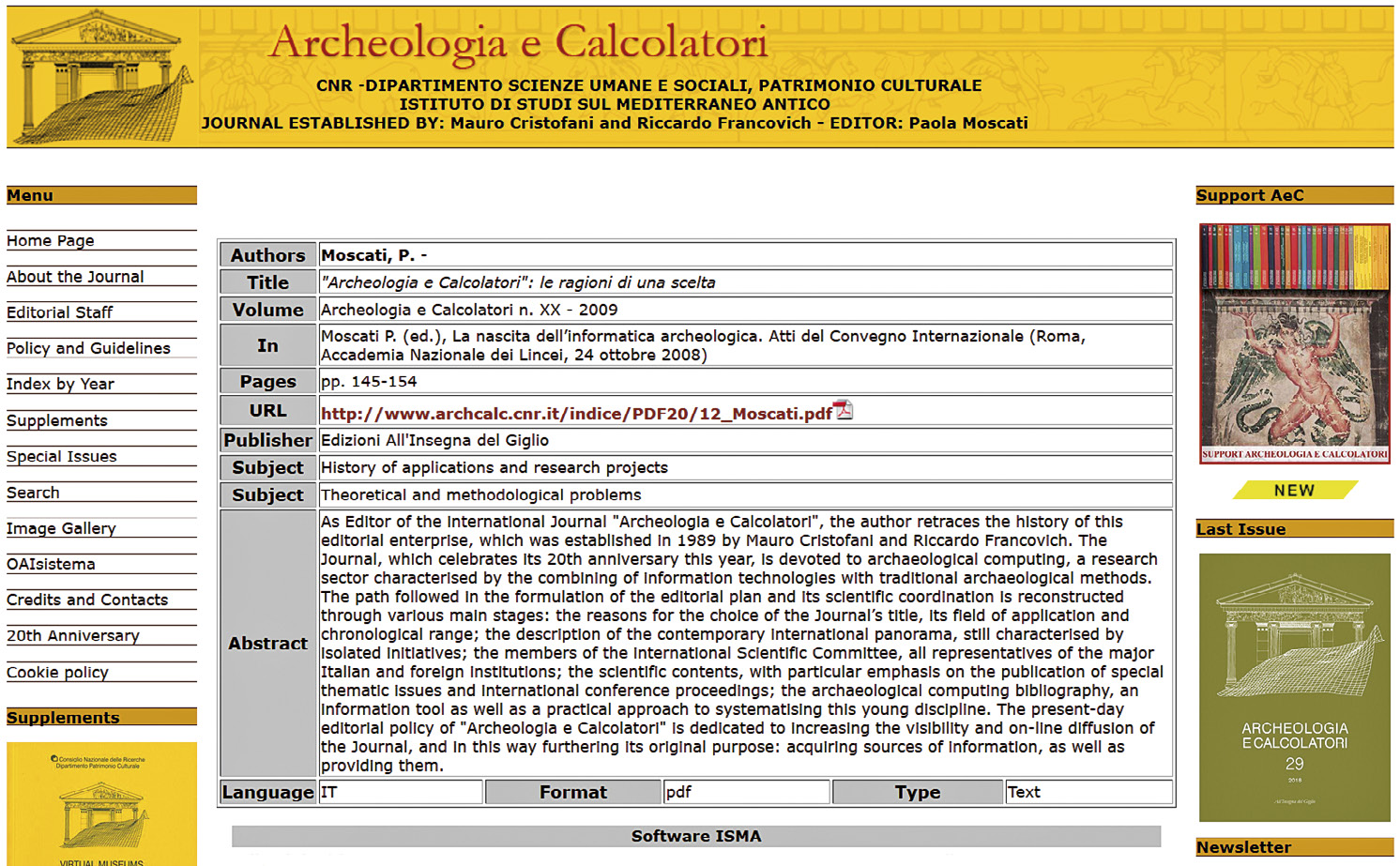 Fig. 1 – Webpage di una risorsa di «Archeologia e Calcolatori» nel sito della rivista (http://www.archcalc.cnr.it/journal/id.php?id=oai:www.archcalc.cnr.it/journal/A_C_oai_Archive.xml:501).