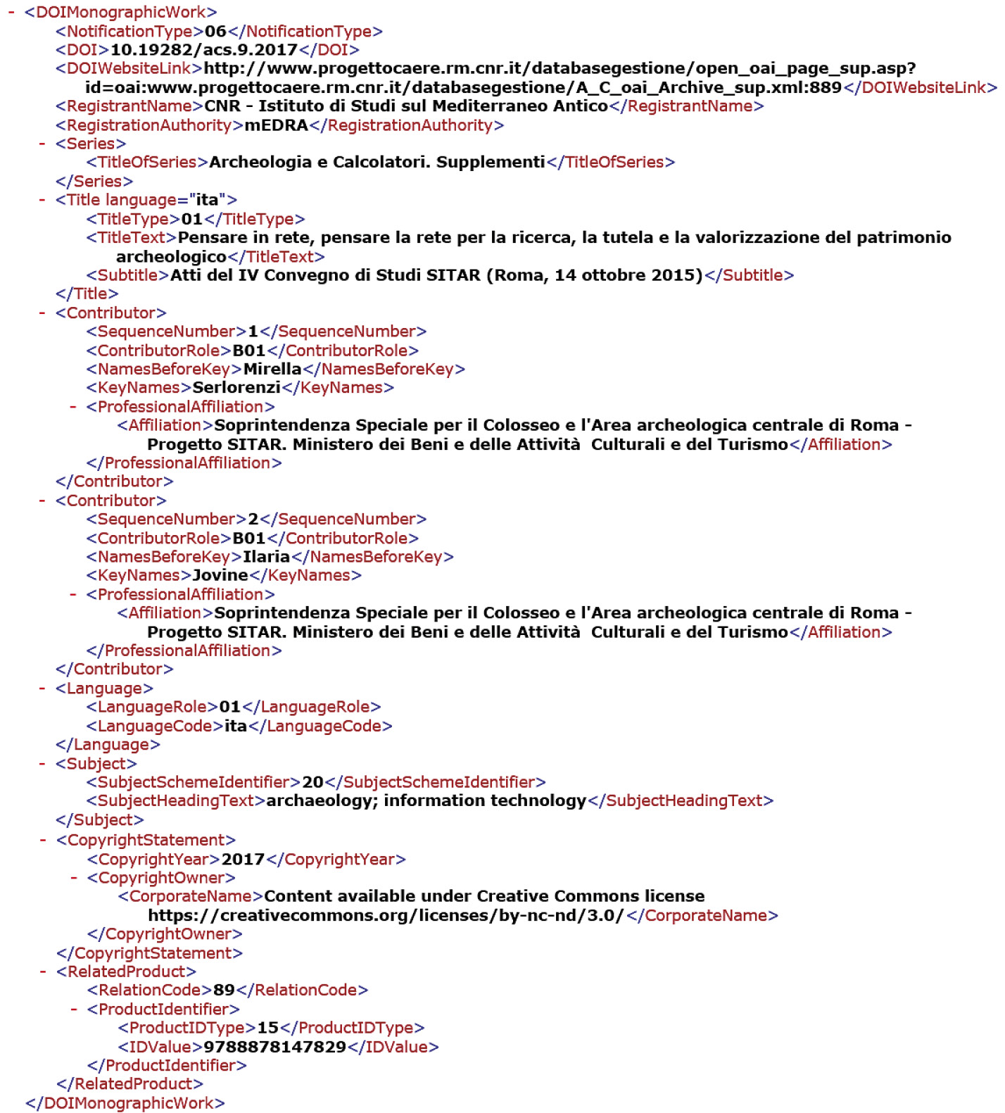 Fig. 2 – Esempio di codifica dei metadati per la registrazione del DOI di un volume della serie «Archeologia e Calcolatori. Supplementi», secondo lo schema ONIX Monographic Work.