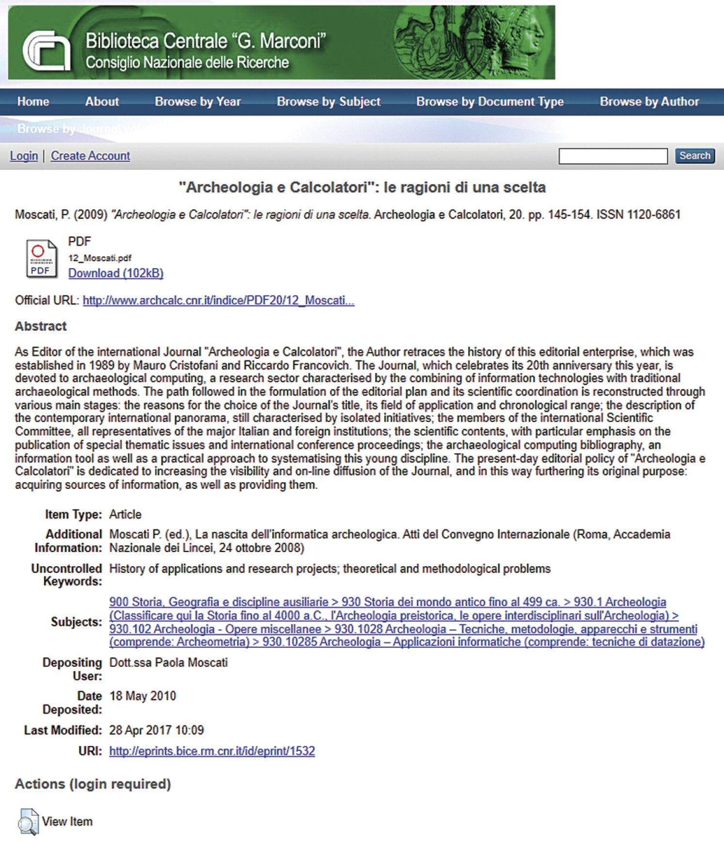 Fig. 3 – Il record di un articolo di «Archeologia e Calcolatori» nel repository SOLAR.