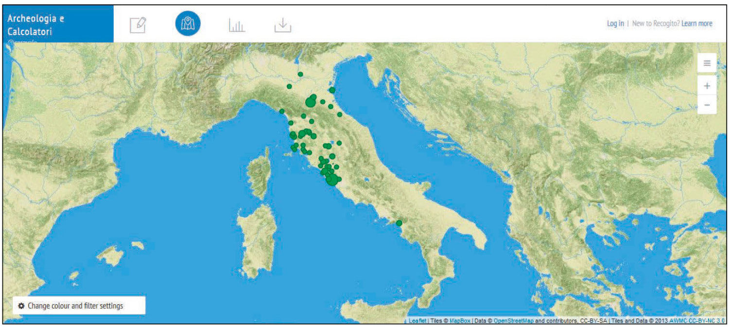 Fig. 3 – La mappa con la visualizzazione dei toponimi del numero edito nel 2015. I colori differenti indicano la differenziazione tra “modern” e “ancient”.