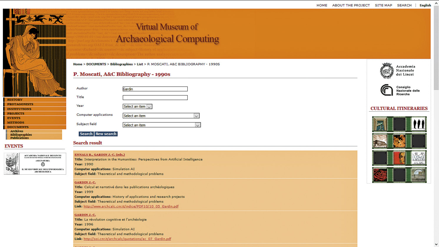 Fig. 1 – La maschera di accesso alla Bibliografia di Informatica Archeologica degli anni Novanta nel sito del Virtual Museum of Archaeological Computing.