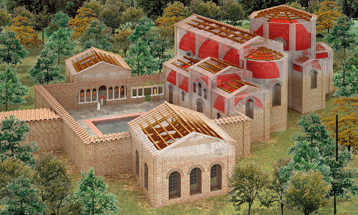 Fig. 6 – Restituzione 3D delle terme della villa teodericiana, viste da S. Ricostruzione ipotetica delle coperture (rielaborazione grafica G. Milanesi).