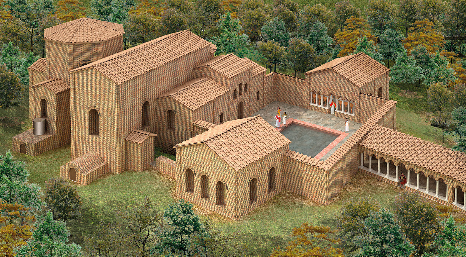 Fig. 7 – Restituzione finale 3D delle terme, viste da N (rielaborazione grafica G. Milanesi).