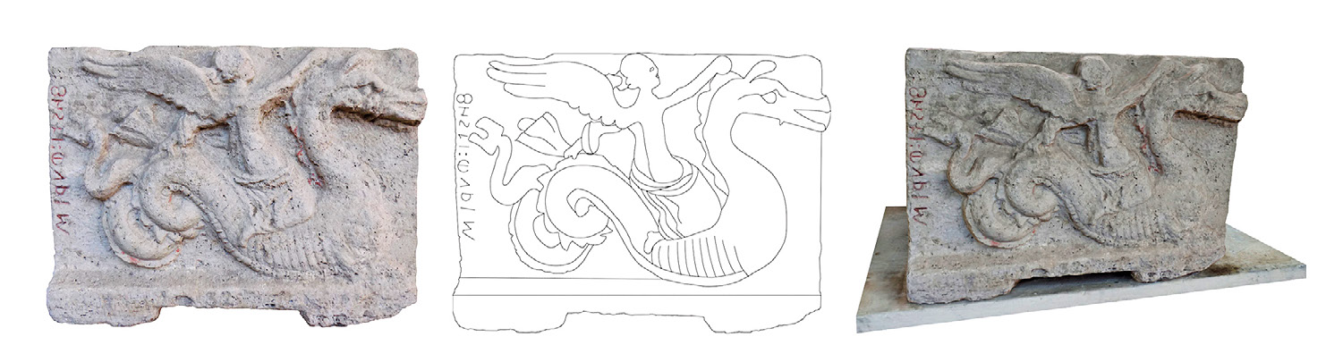 Fig. 7 – Le difficoltà rappresentative nell’elaborato didattico manuale e la prestanza della fotomodellazione di un’urna funeraria rilevata presso il Museo Archeologico Nazionale dell’Umbria.