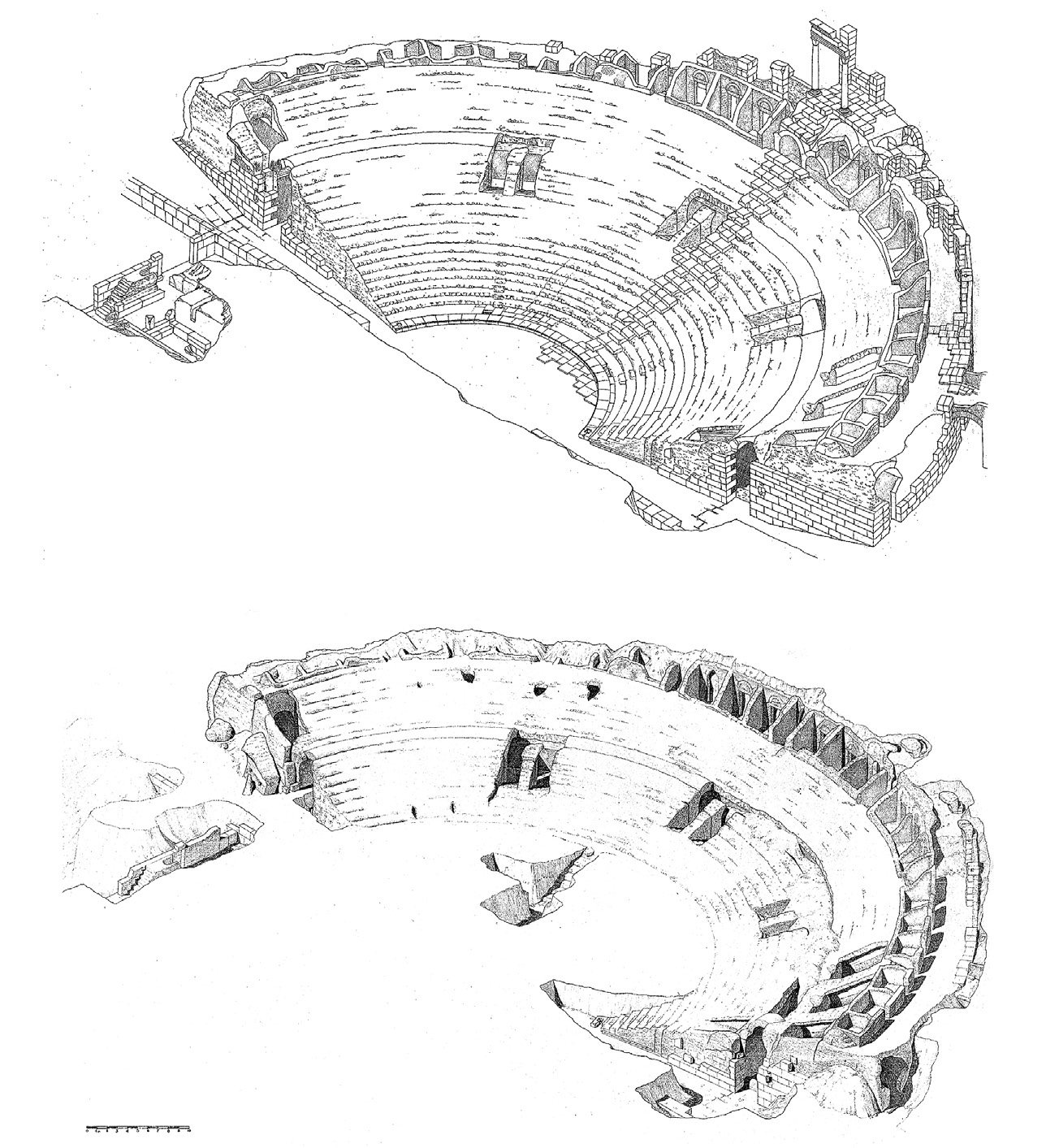 Fig. 8 – Assonometria ortogonale dello scavo del 1964 ed ipotesi ricostruttiva in età augustea del teatro di Otricoli rilevato da R. de Rubertis.