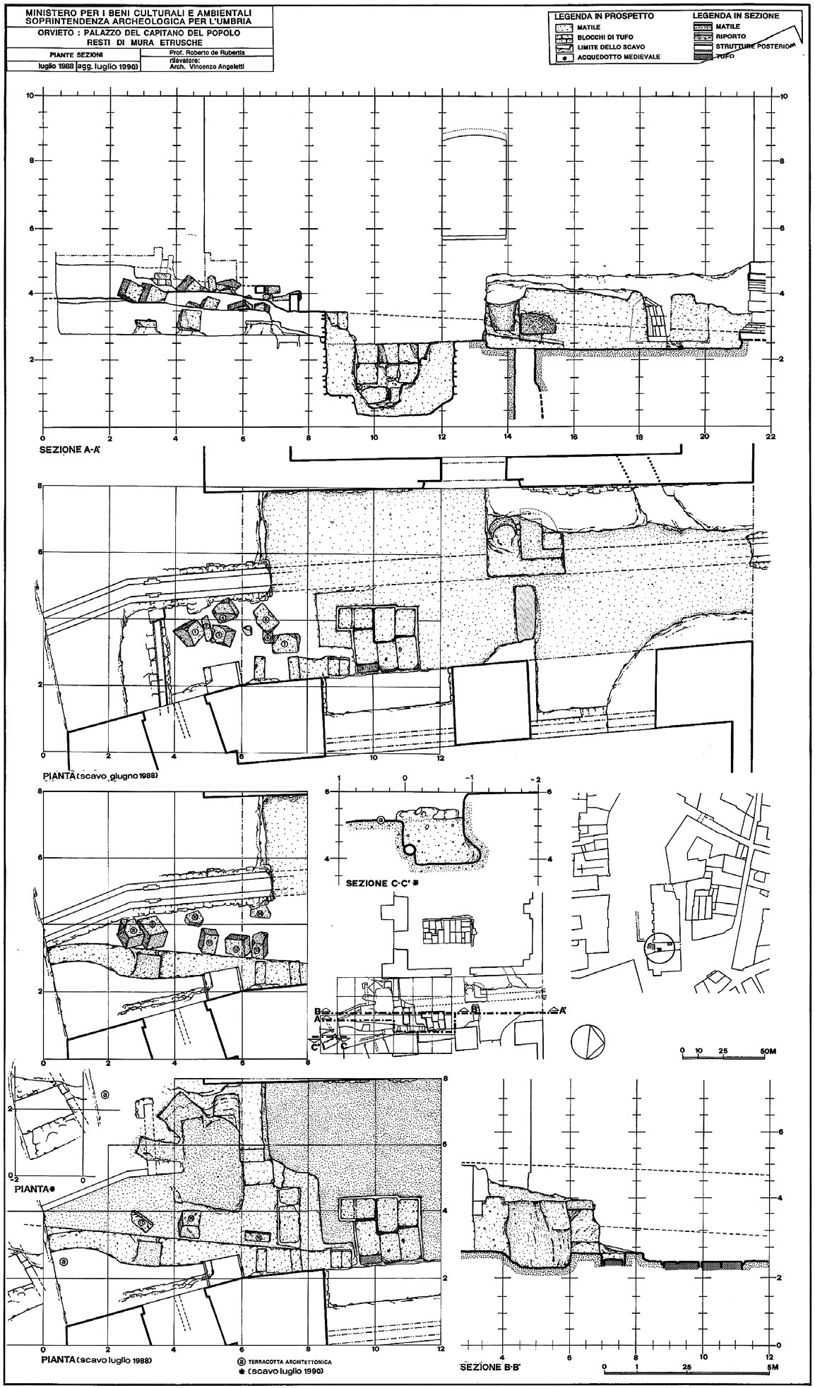 Fig. 9 – Impaginazione di un lucido contenente i rilievi dei resti delle mura etrusche site nel Palazzo del Capitano del Popolo di Orvieto rilevato nel 1988 da R. de Rubertis.