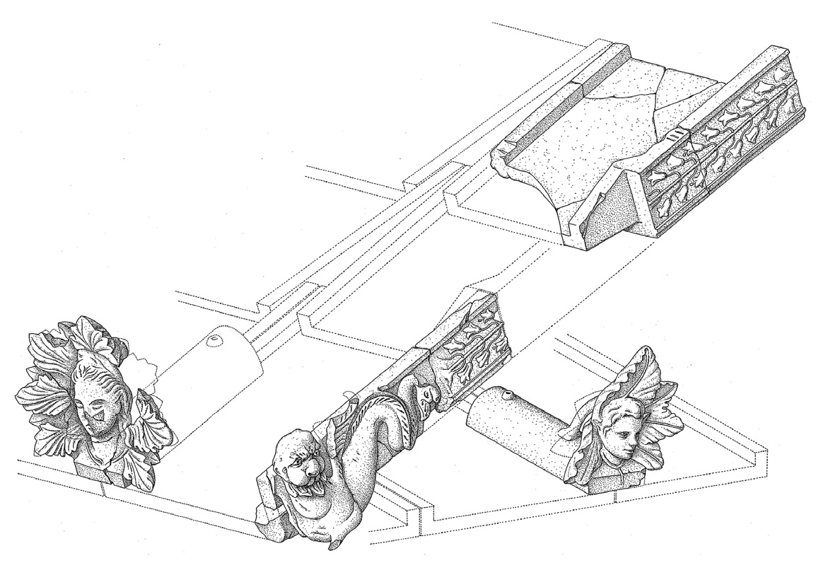 Fig. 10 – Raffronto fra l’ipotesi ricostruttiva del tetto del tempietto di San Faustino a Perugia a partire dal rilievo di R. de Rubertis degli elementi conservati presso il Museo Archeologico Nazionale dell’Umbria.