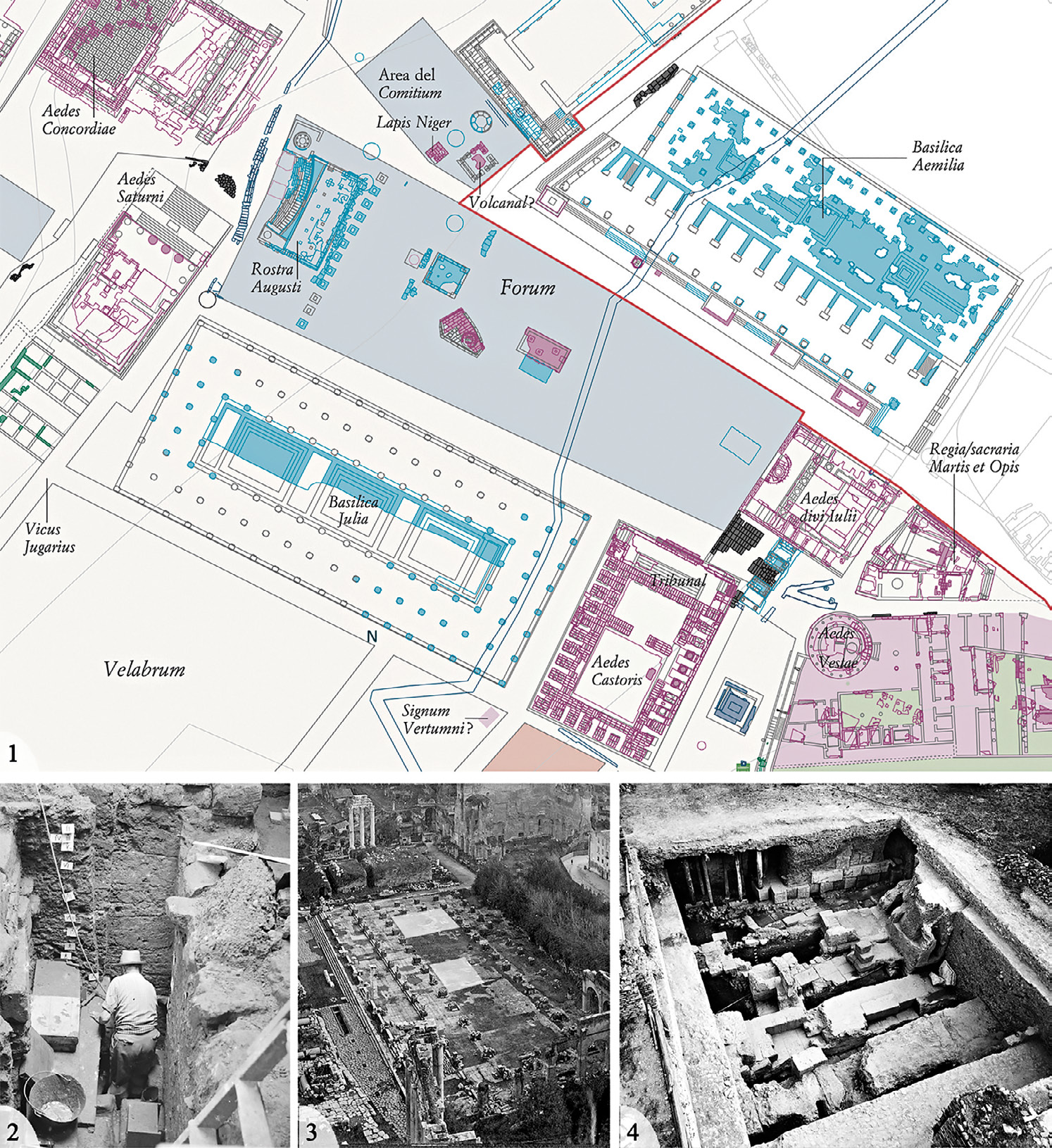 Fig. 1 – 1) Pianta del Foro Romano (da Carandini 2012, vol. II, tav. 31, Sistema Informativo Archeologico, Sapienza Università di Roma, cortesia del prof. P. Carafa, elaborazione grafica di M.C. Capanna); 2) Saggio in profondità, campagna 1960 (Archivio Fabbrini-Carettoni); 3) Vista della Basilica Iulia dal Campidoglio (Archivio Parco Archeologico del Colosseo), con l’indicazione delle due aree di scavo; 4) Vista dell’area di scavo sotto la Basilica Iulia, 1964 (Archivio Parco Archeologico del Colosseo).