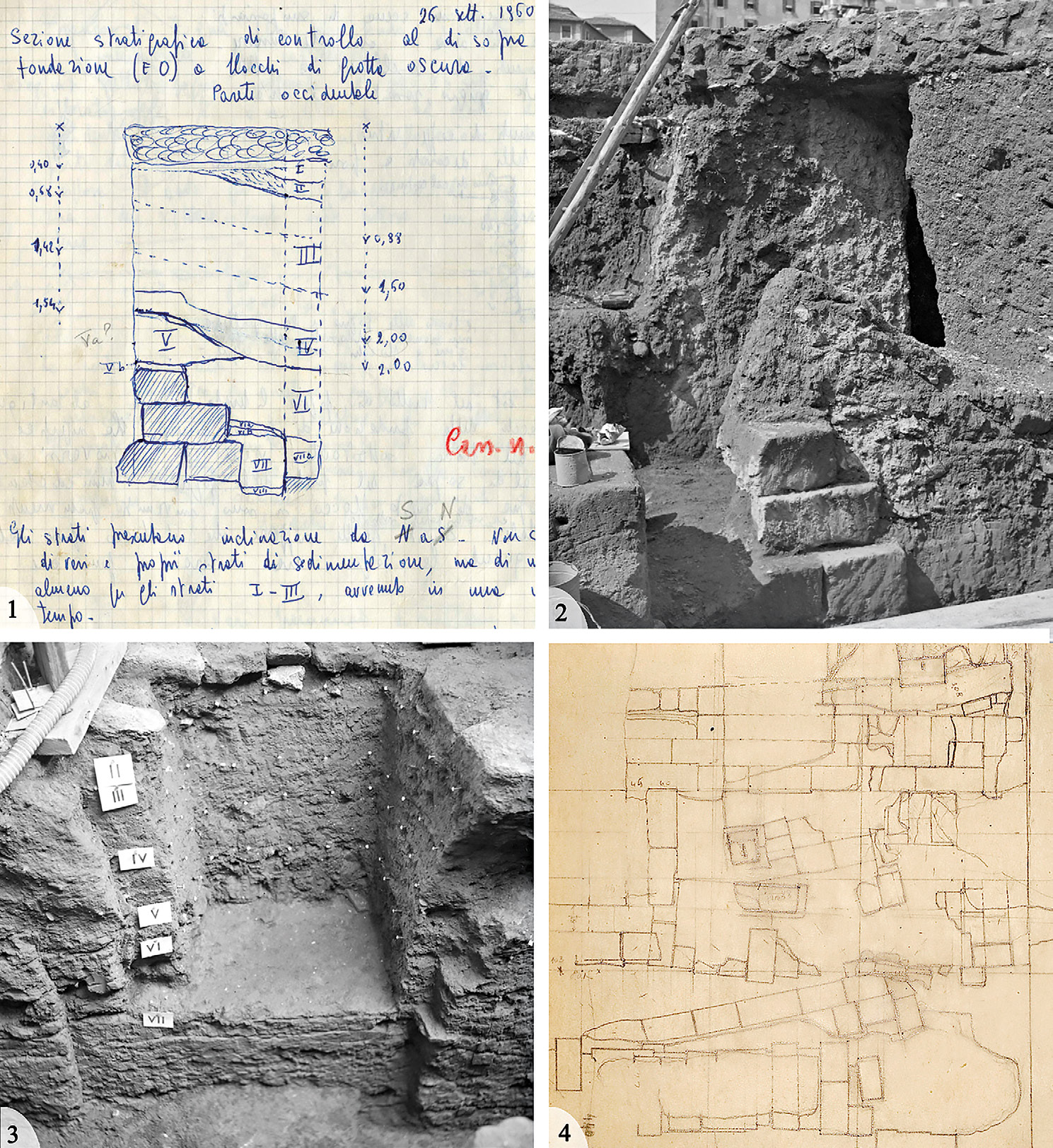 Fig. 2 – 1-2) Confronto tra schizzo e fotografia di una sequenza stratigrafica, 1960 (Archivio Fabbrini-Carettoni); 3) Dettaglio del saggio in profondità, 1963 (Archivio Fabbrini-Carettoni); 4) Particolare della planimetria del saggio E (Archivio Parco Archeologico del Colosseo).