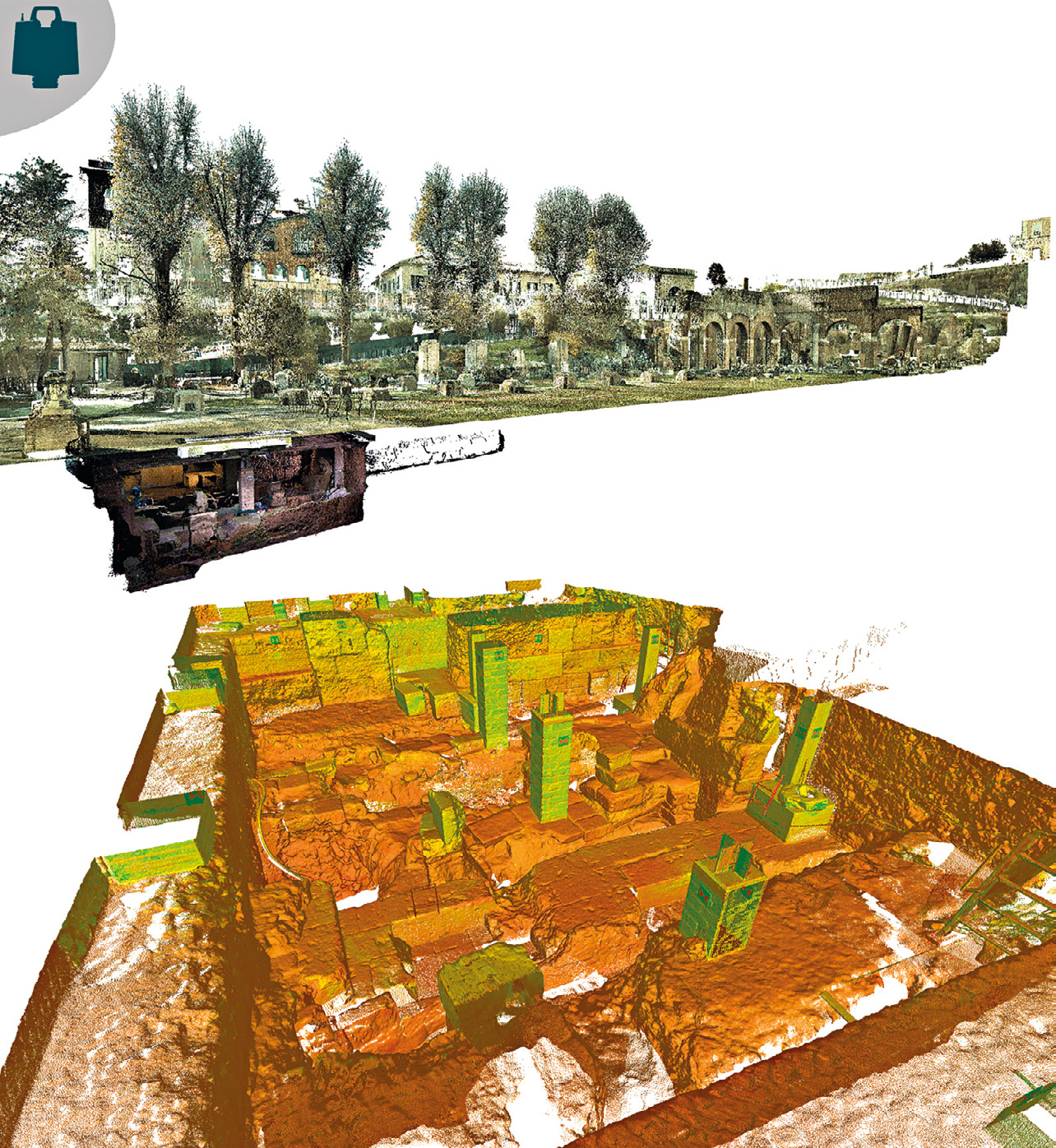 Fig. 4 – Nuvola di punti generata da acquisizione mediante Laser Scanner 3D. In alto, visualizzazione della Basilica Iulia e dell’area di scavo sottostante in RGB. In basso, visualizzazione dell’area di scavo con valore di riflettanza.