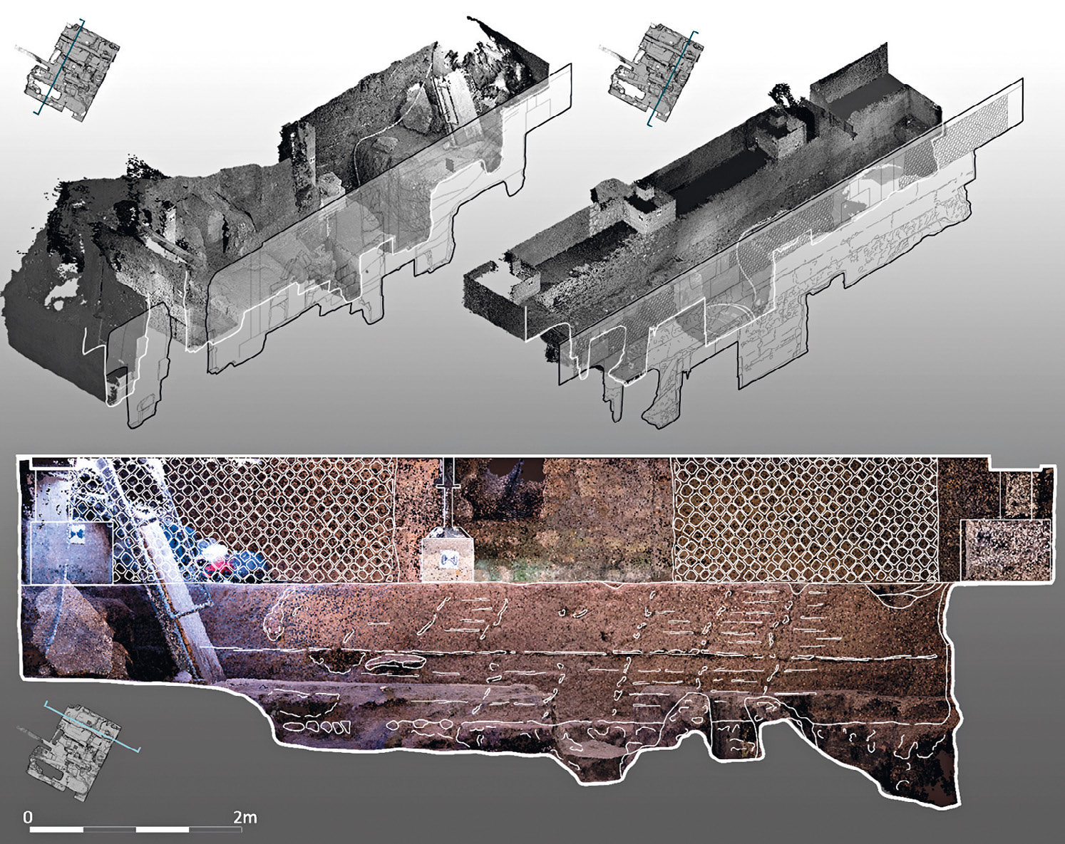 Fig. 8 – In alto: proiezione assonometrica dei lati O ed E con estrazione degli elaborati 2D. In basso: proiezione ortografica del lato N, con sovrapposizione dei modelli 2D e 3D.