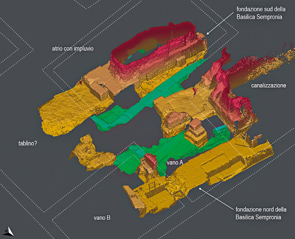 Fig. 9 – Segmentazione del modello 3D: in verde le strutture della Fase II, con proposta di ricostruzione della planimetria della casa ad atrio, e in marrone i resti della Fase III.