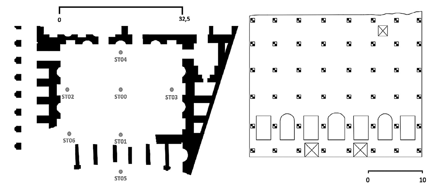 Fig. 2 – a) Roma, Foro Romano-Palatino, Aula Ovest del Complesso di Domiziano, operazioni preliminari: registrazione a terra dei riferimenti topografici; b) registrazione dei punti fiduciari sulla parete (disegno F. Sommaini).