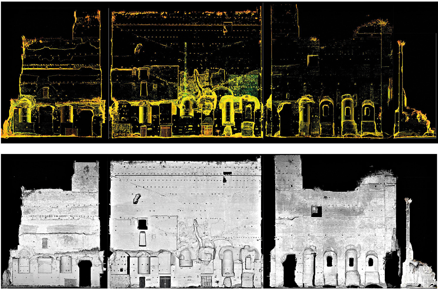 Fig. 5 – Roma, Foro Romano-Palatino, Aula Ovest, prospetti fotoraddrizzati della parete est ottenuti con il Metodo 2 (laser scanning) (elaborazione V. Albano, F. Sommaini).