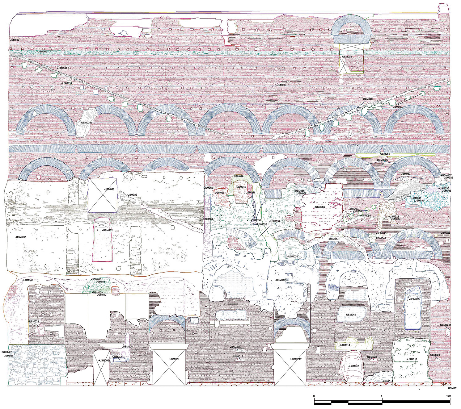 Fig. 7 – Roma, Foro Romano-Palatino, Aula Ovest, prospetto orientale, grafico misurato realizzato in ambiente CAD, a partire dall’ortofoto ottenuta con il Metodo 1 (fotogrammetria digitale) (disegno F. Sommaini).