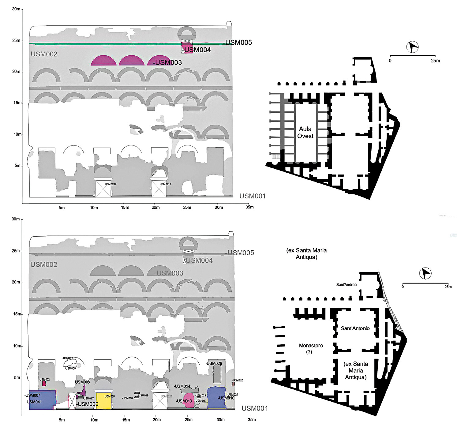 Fig. 9 – a) Roma, Foro Romano-Palatino, Aula Ovest, prospetto orientale e pianta, fase 2, età adrianea; b) fase 3, Sant’Antonio de Inferno (disegno F. Sommaini).