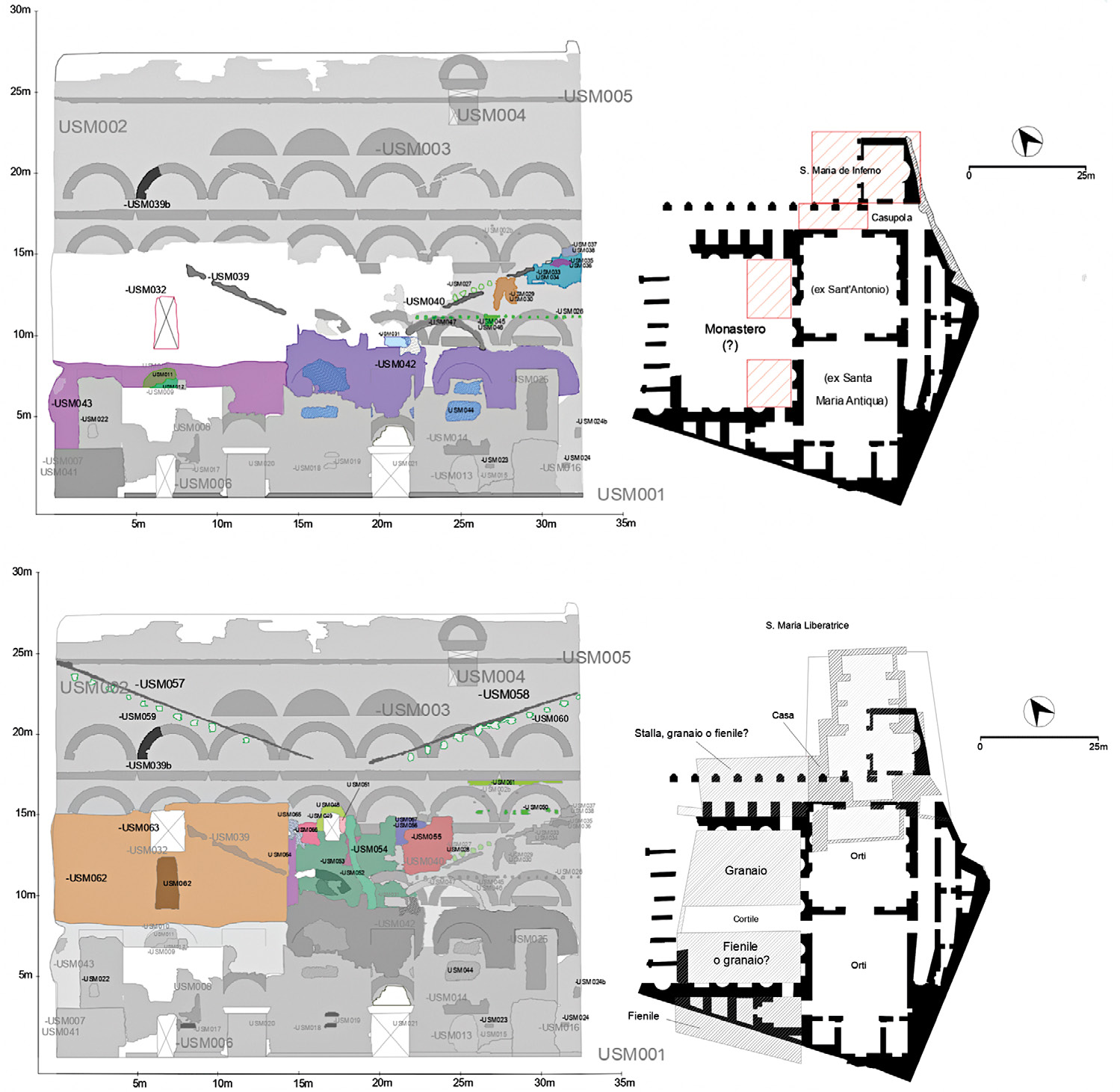 Fig. 10 – a) Roma, Foro Romano-Palatino, Aula Ovest, prospetto orientale e pianta, fase 4, Santa Maria de Inferno; b) fase 5, Santa Maria Liberatrice (disegno F. Sommaini).