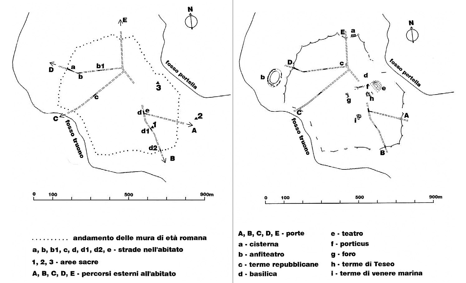 Fig. 3 – Ricostruzione dell’impianto urbano di Telesia in età preromana e romana (da Simonelli, Balasco 2005, 260-261, figg. 1-2).