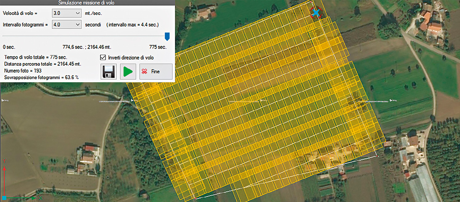 Fig. 5 – Perimetrazione dell’area di volo (in bianco), con schema di sovrapposizione dei singoli fotogrammi (in giallo). In alto a sinistra, il riquadro con le stime di volo.