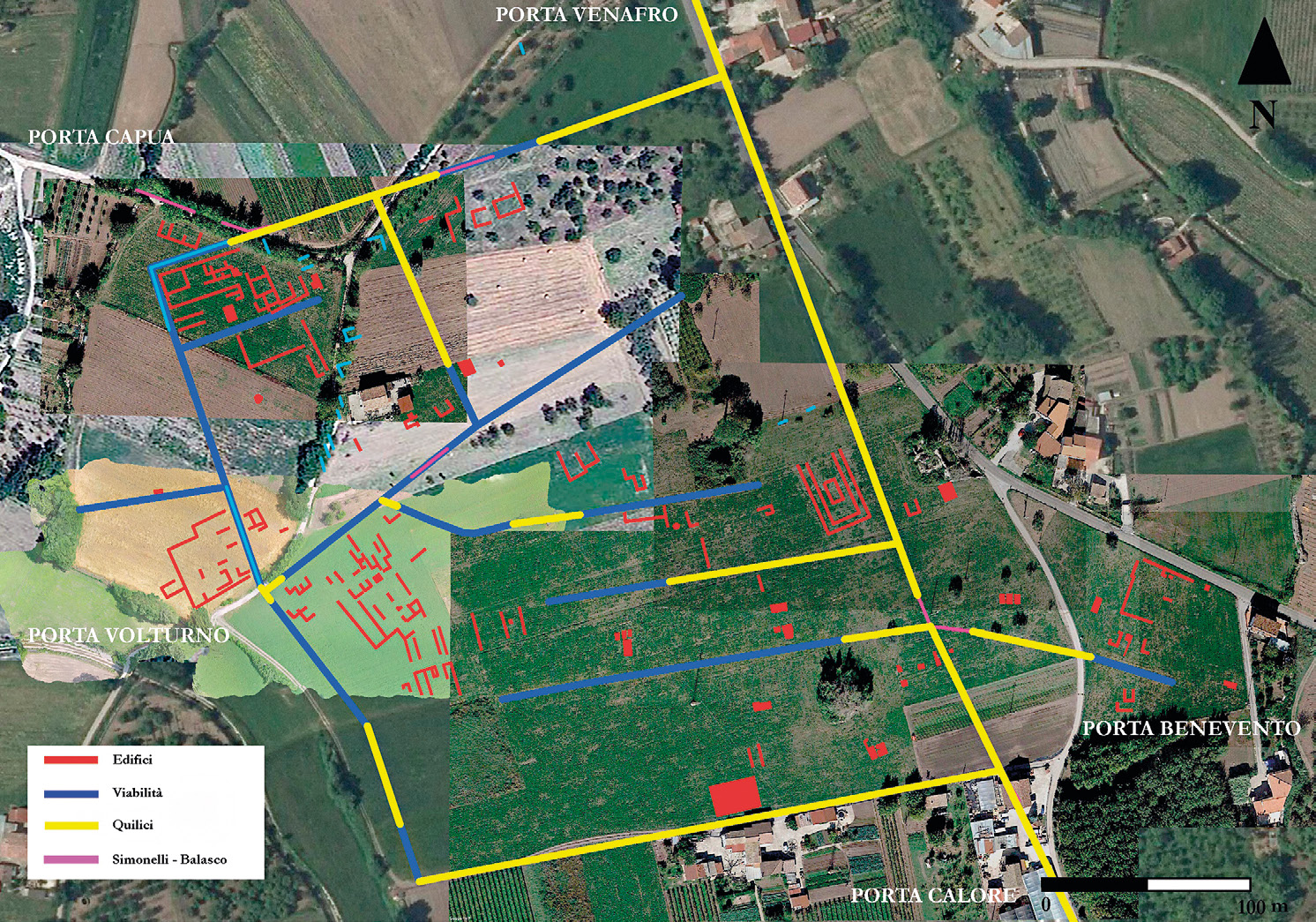 Fig. 10 – Pianta finale e planimetria puntuale delle tracce (in rosso le strutture, in blu la viabilità, in giallo la ricostruzione di Quilici, in magenta la ricostruzione di Simonelli e Balasco).