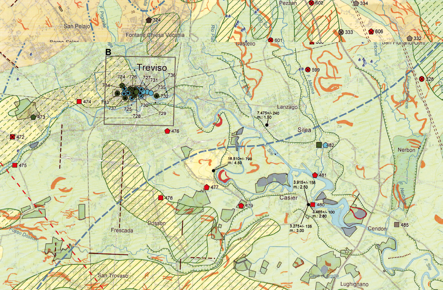 Fig. 1 – La città di Treviso nella Carta Geomorfologica della Provincia di Treviso (Bondesan, Busoni 2015, Foglio Est).