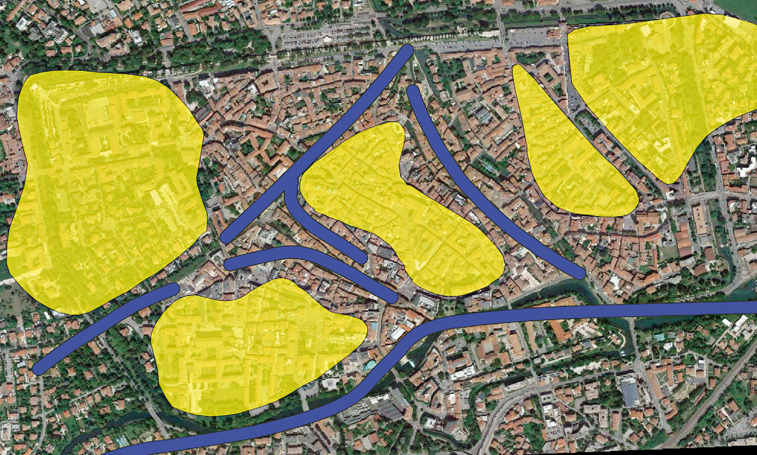 Fig. 2 – La Carta Paleogeografica di Treviso, sullo sfondo della foto aerea (Valle, Vercesi 2004, 20. Rielaborazione grafica di A. Pellegrini).