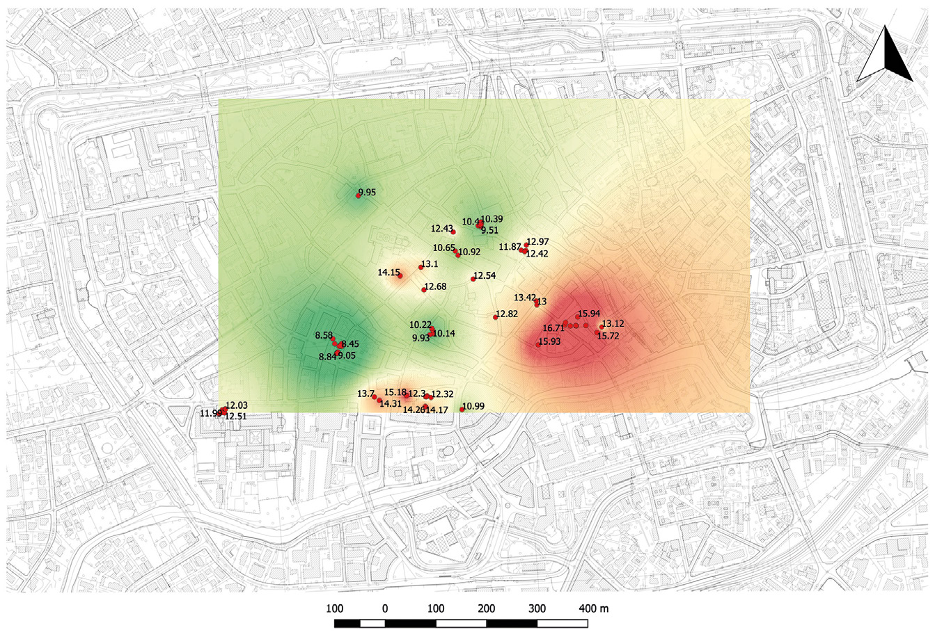 Fig. 7 – Interpolazione IDW con indicazione delle quote utilizzate, sullo sfondo della CTR.