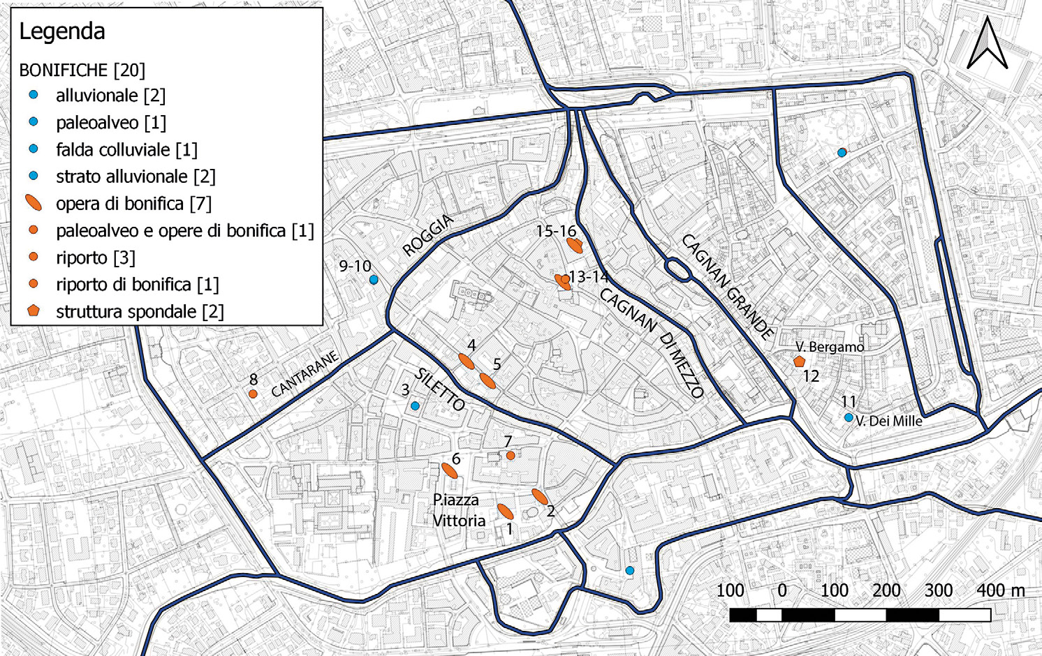 Fig. 8 – Mappa dei paleoalvei, delle strutture di bonifica e delle opere di difesa spondale, sullo sfondo della CTR. In blu è evidenziata l’idrografia contemporanea.