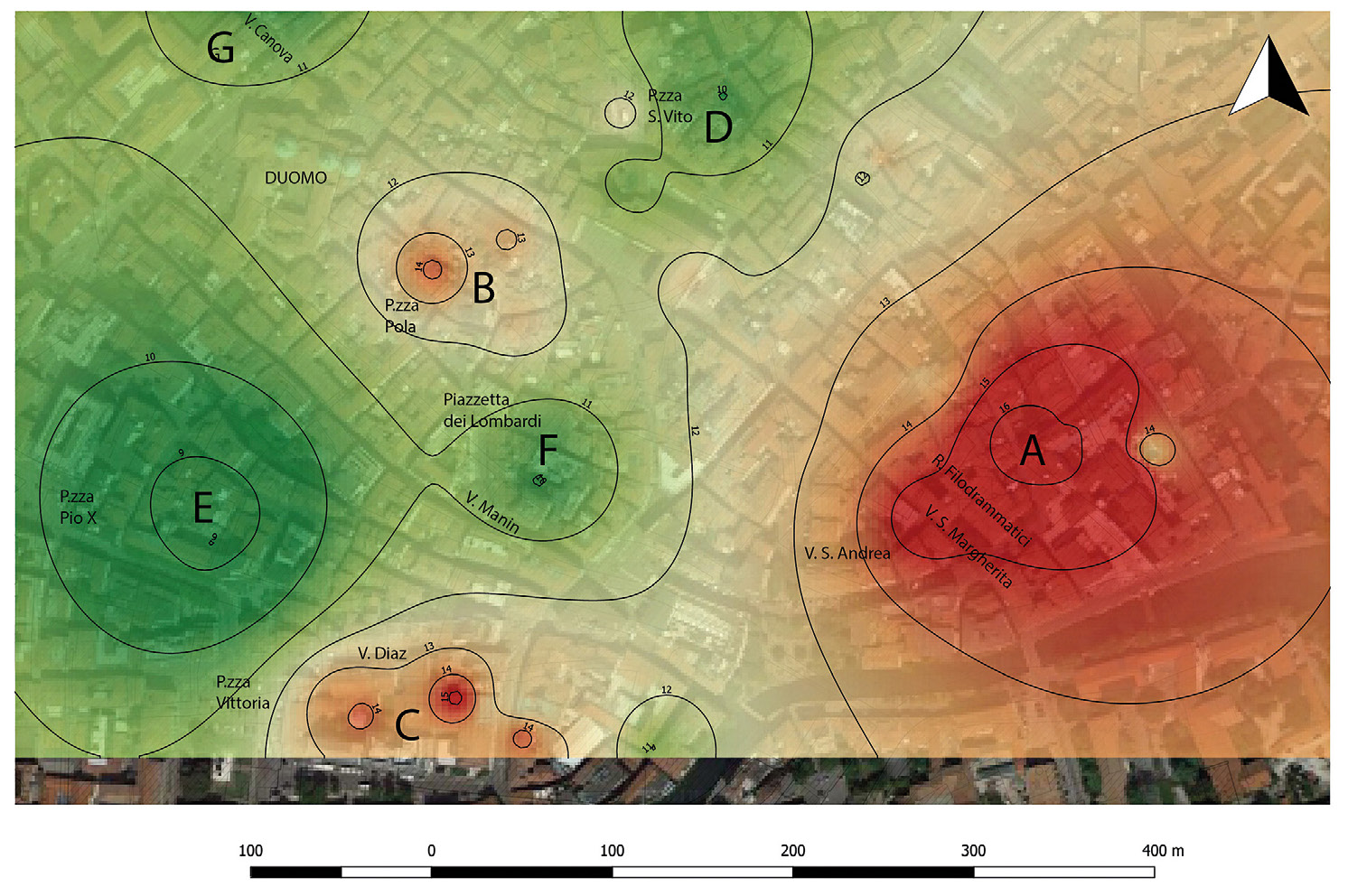 Fig. 9 – Paleosuperfici di epoca romana del centro storico di Treviso, con indicazione dell’altimetria tramite curve di livello. In rosso sono indicate le zone più rilevate: A) Area di via S. Andrea, via S. Margherita, Rivale Filodrammatici; B) Area SE del Duomo, intorno a piazza Pola; C) Area di via Diaz e ad E di piazza della Vittoria. In verde le aree più depresse: D) Area di piazza San Vito; E) Area compresa fra piazza Pio X e la Roggia; F) Area fra via Manin e piazzetta dei Lombardi; G) Area tra via Canova e via Roggia.