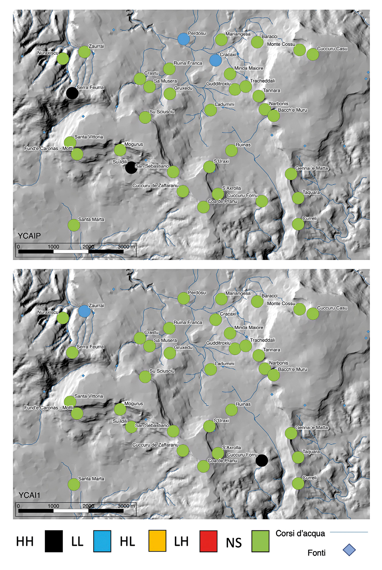 Fig. 5 – Risultati della Cluster and Outlier Analysis: Anselin Local Moran’s I applicata sui diversi indici geomorfologici (YCAIP; YCAI1) (elab. M. Cabras).