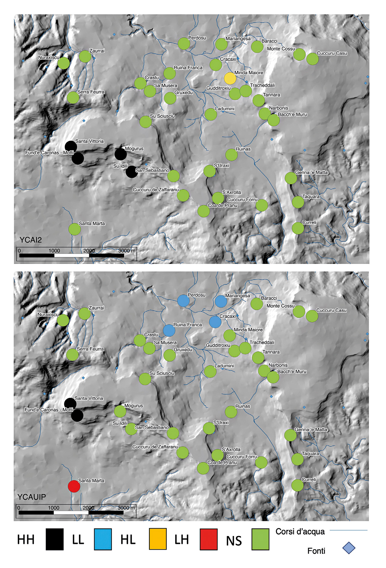 Fig. 6 – Risultati della Cluster and Outlier Analysis: Anselin Local Moran’s I applicata sui diversi indici geomorfologici (YCAI2; YCAUIP) (elab. M. Cabras).