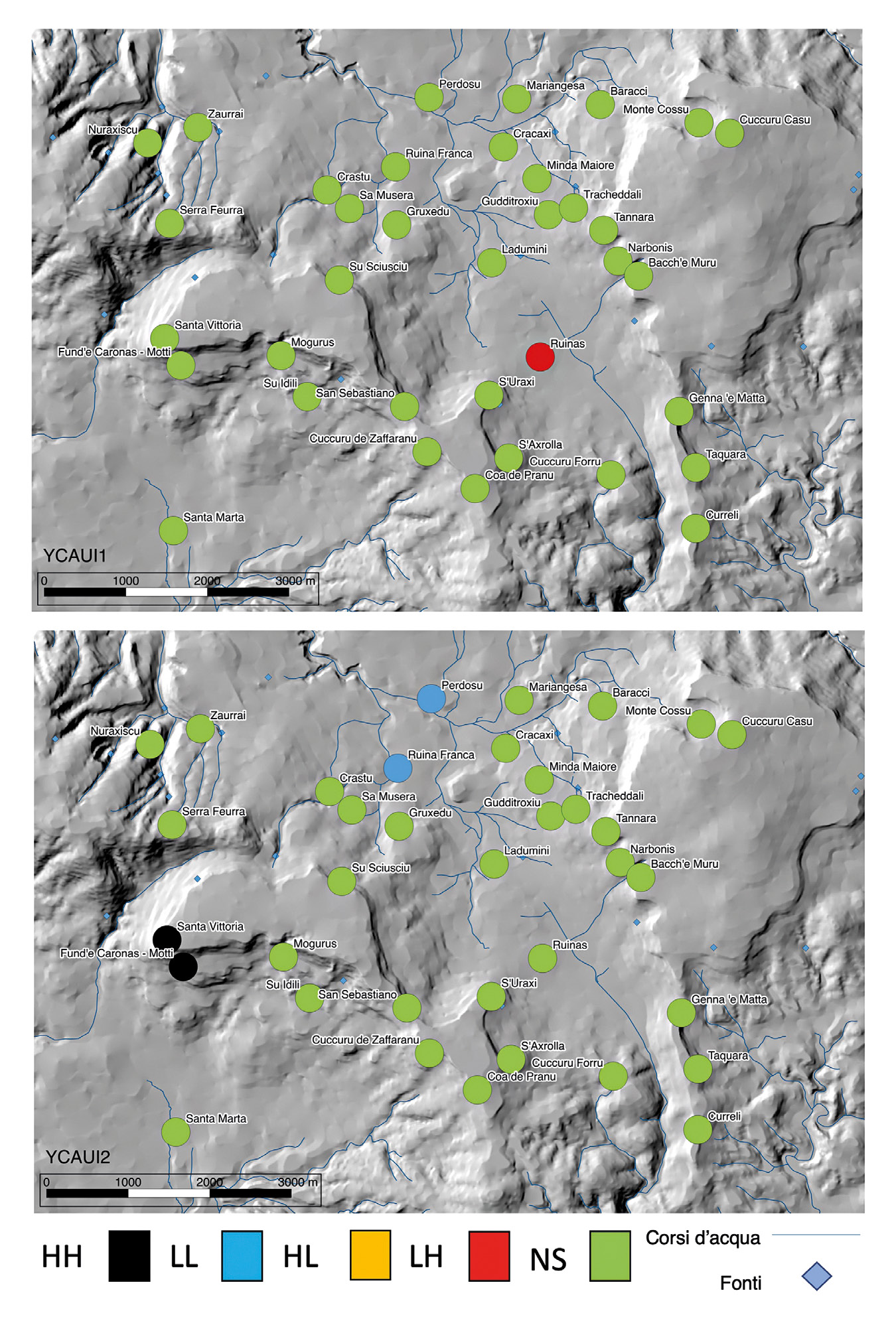 Fig. 7 – Risultati della Cluster and Outlier Analysis: Anselin Local Moran’s I applicata sui diversi indici geomorfologici (YCAUI1; YCAUI2) (elab. M. Cabras).