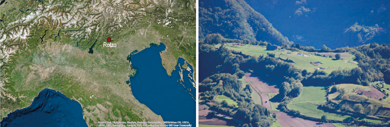 Fig. 1 – Location and overview of the Bostel promontory, in the municipality of Rotzo (province of Vicenza, Italy).