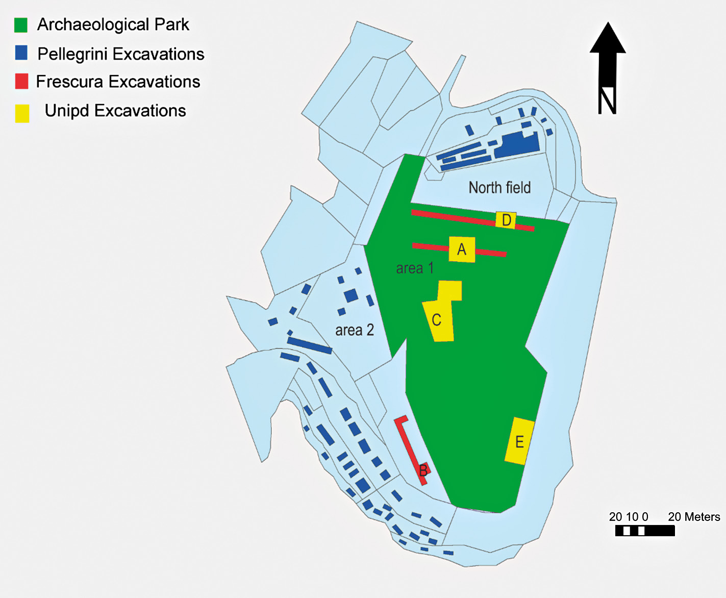 Fig. 2 – Location of the historical and contemporary excavations and trenches on the Bostel: in blue Pellegrini’s excavations of 1912; in red Frescura’s excavations of 1969; in yellow the excavations of the University of Padova (Unipd), 1993-ongoing. The area of the archaeological park (referred throughout the text as ‘area 1’) is highlighted in green.