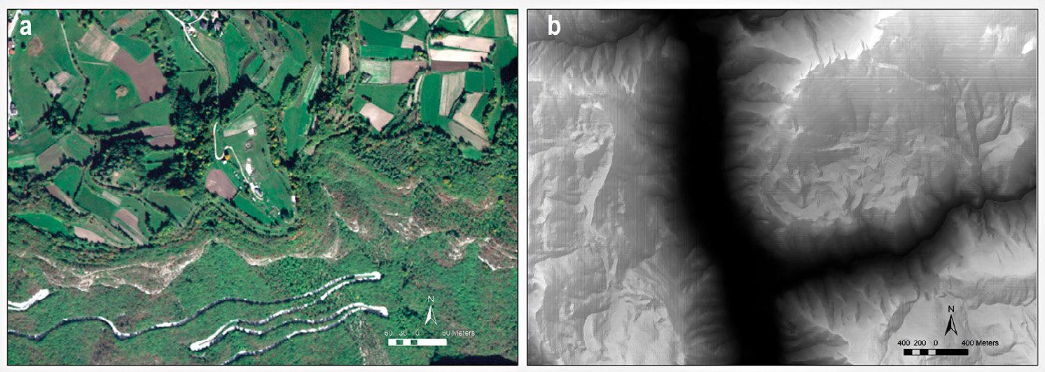 Fig. 4 – a) WorldView 2 8-band multispectral image (ground resolution 1.6 m); b) 5 m resolution topographic Digital Elevation Model of the Western Asiago Plateau (province of Vicenza, Italy).