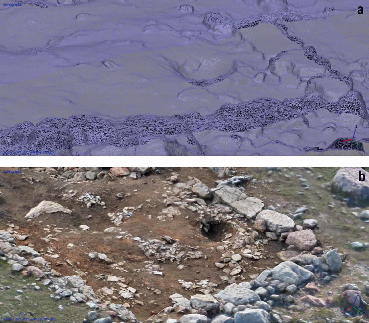 Fig. 5 – Sector C1, detail showing the perimetric walls of the house unit and the area of the pottery kilns. Structure from Motion data processing: a) wireframe mesh; b) textured multi-resolution 3D model.