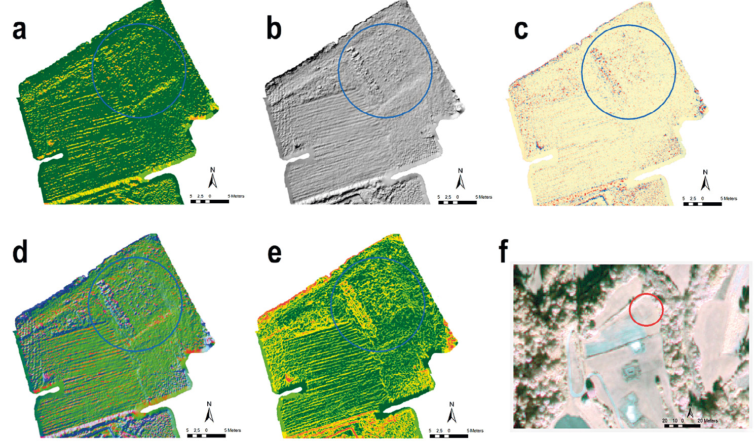 Fig. 6 – North field area, the circles indicate the most significant detected anomalies: a) flow direction analysis; b) hillshade; c) Local Relief Model (LRM); d) PCA of 5 visualization techniques, in particular: flow direction analysis, hillshade, slope analysis, LRM and Sky-View Factor; e) slope analysis; f) multispectral composite bands 7, 3, 2 (Brovey Pansharpening).