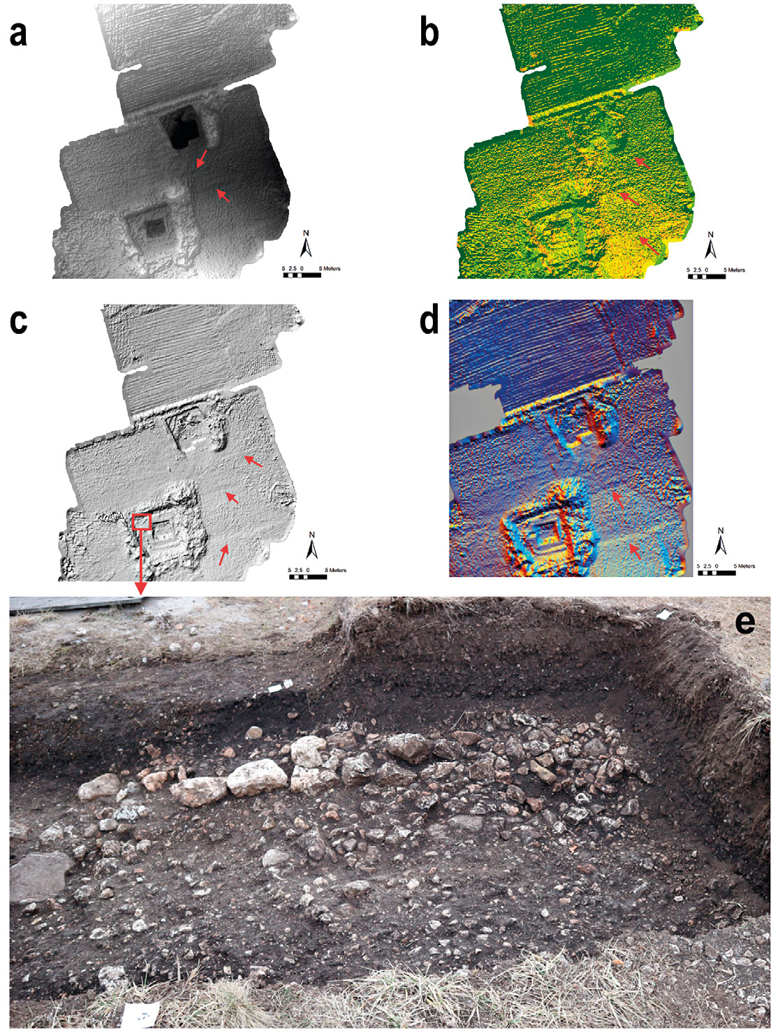 Fig. 7 – Area 1, the arrows indicate the most significant detected anomalies: a) SfM-derived DEM; b) flow direction analysis; c) hillshade; d) PCA of multiple hillshades; e) the ancient wall discovered in correspondence with a linear anomaly north-west of sector A.