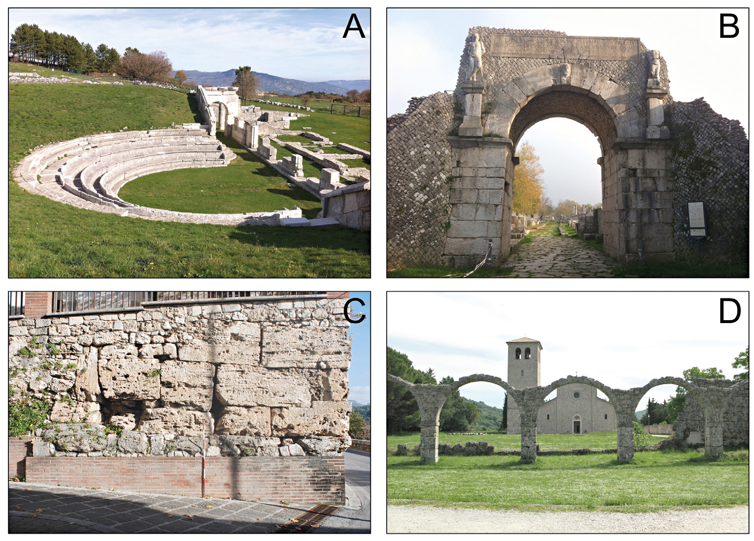 Fig. 1 – Some of the most relevant archaeological sites in the Molise Region. A) Remains of Pietrabbondante; B) The Roman town of Sepinum; C) Roman walls of Aesernia; D) Monastery of San Vincenzo al Volturno.