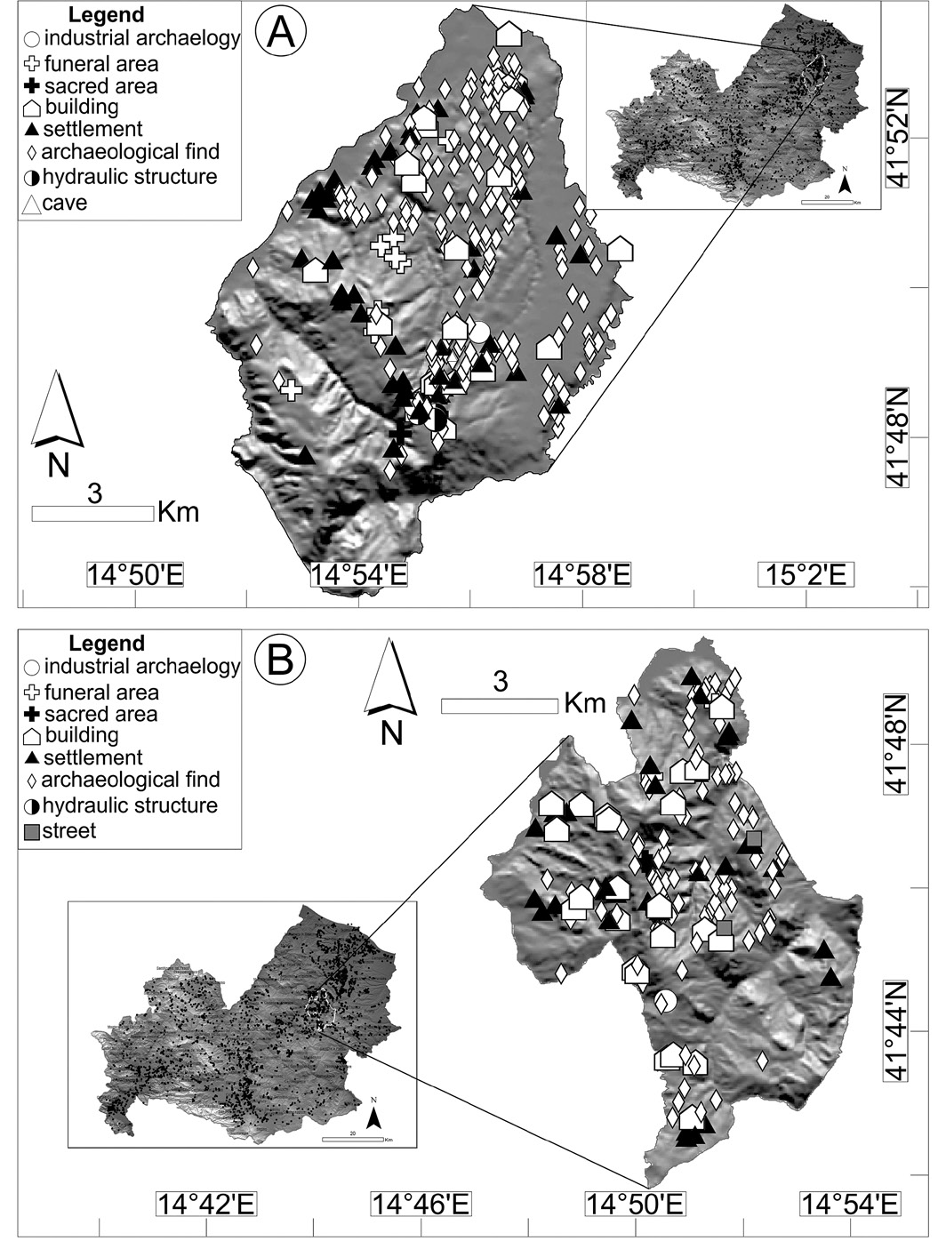 Fig. 3 – Map of the archaeological sites for all the municipalities with more than 100 mapped sites. A = Larino; B = Casacalenda. Archaeological sites have been classified according to site typology of the “description” field of the “archaeological site” shapefiles (see Material and Methods section for detail).