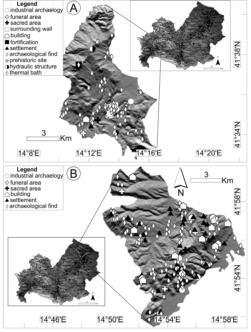 Fig. 4 – Map of the archaeological sites for all the municipalities with more than 100 mapped sites. A = Isernia; B = Guglionesi. Archaeological sites have been classified according to site typology of the “description” field of the “archaeological site” shapefiles (see Material and Methods section for detail).