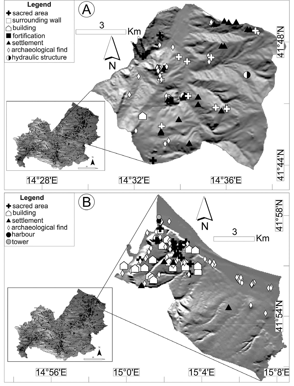 Fig. 5 – Map of the archaeological sites for all the municipalities with more than 100 mapped sites. A = Trivento; B = Campomarino. Archaeological sites have been classified according to site typology of the “description” field of the “archaeological site” shapefiles (see Material and Methods section for detail).