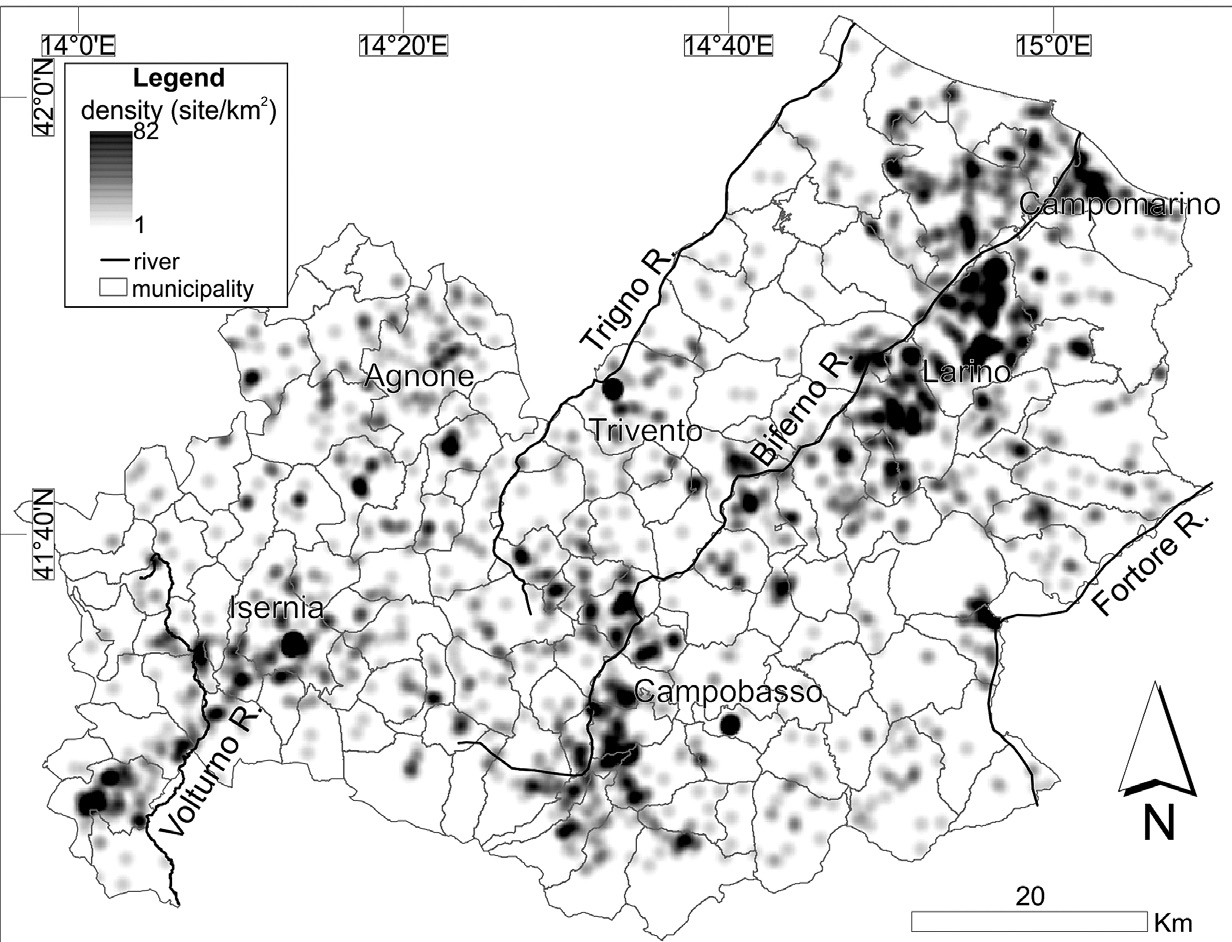 Fig. 6 – Density map of the archaeological sites of the Molise Region.